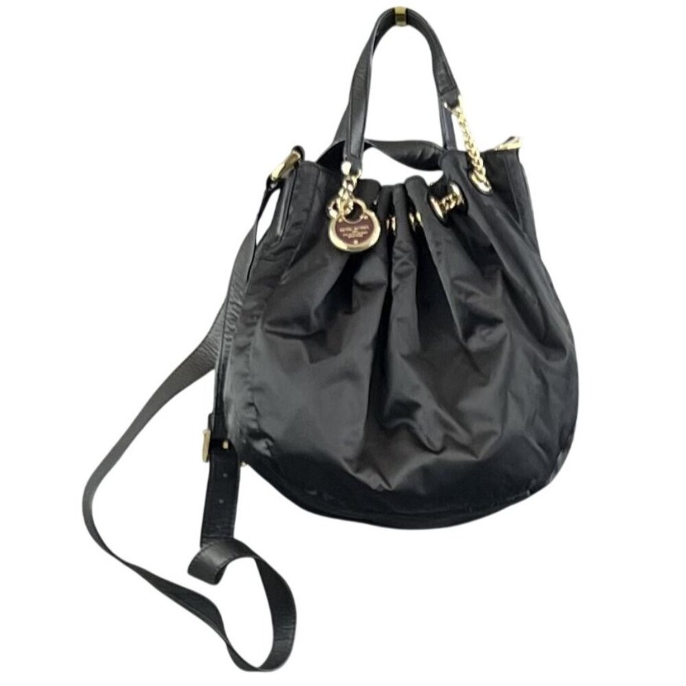 Henri Bendel Womens Black Nylon Crossbody Bucket Bag Gold Hardware Boho Chic